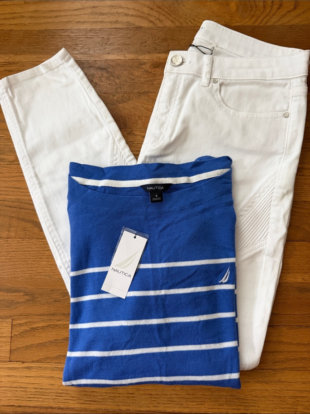 Nautica blue/white striped boatneck sweater. Size S. NWT.